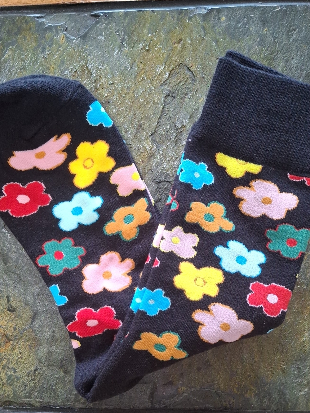 Black Floral Pattern Crew Socks